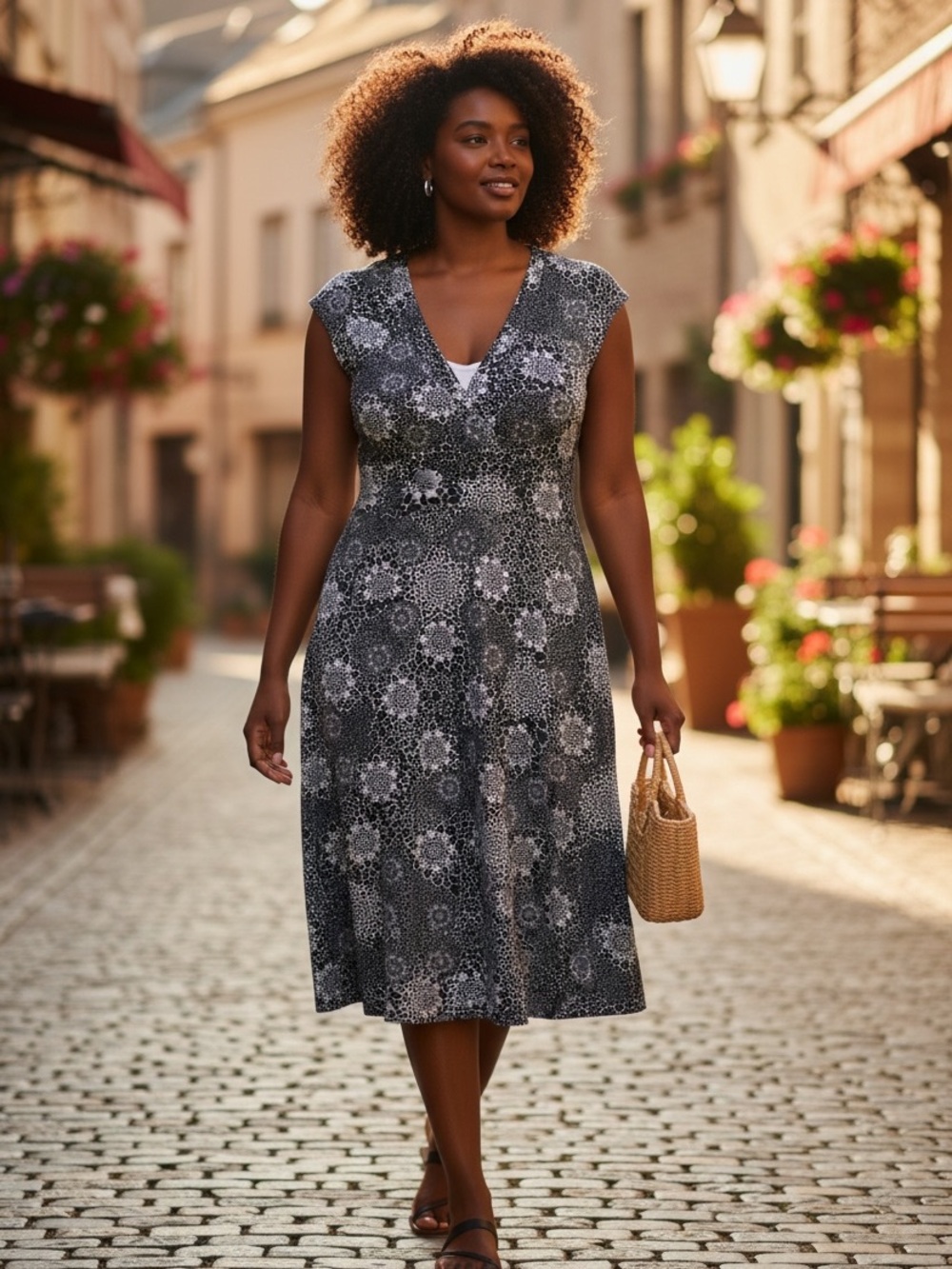 Denver Hayes Navy and White V-Neck Midi Dress
